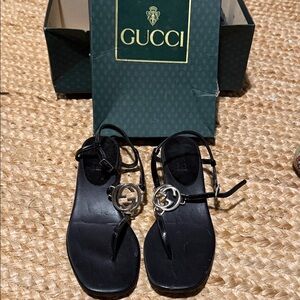 Gucci Black Sandals with Silver Emblem, Vintage, Original Box